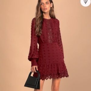 Lulus Lust or Love Wine Red Lace Long Sleeve Dress